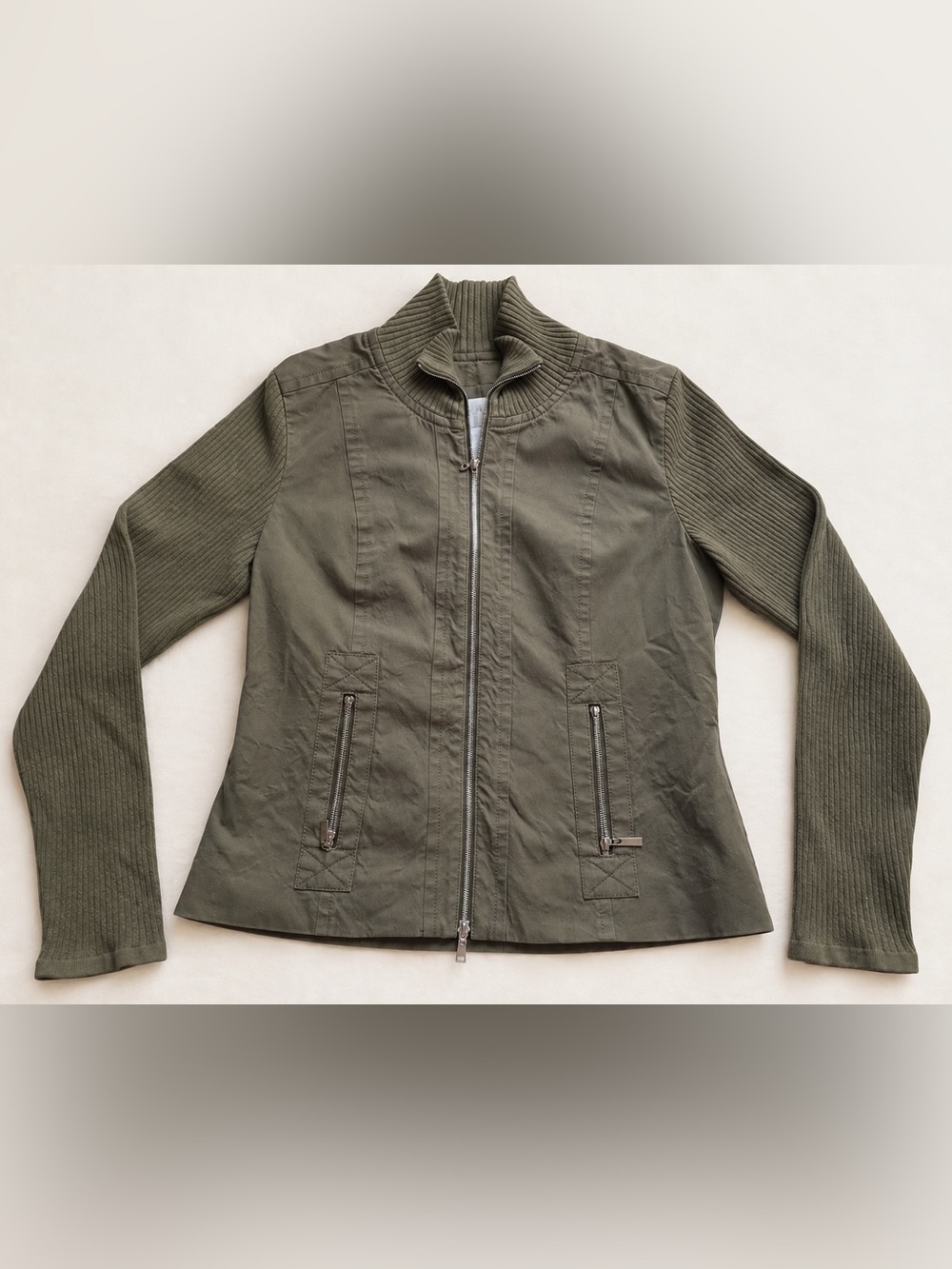 Doncaster Olive Mixed Media Ribbed Knit Zip Jacket Small